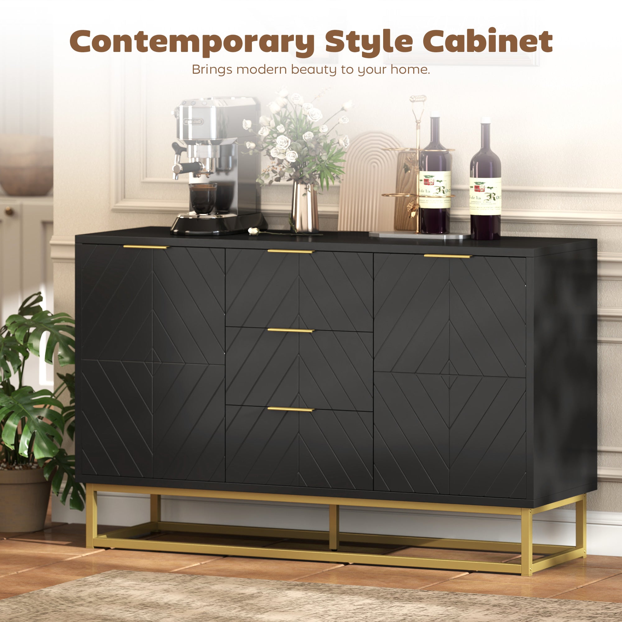 Sideboard Storage Cabinet with 3 Drawers, Adjustable Shelves and Doors, Kitchen Buffet Cabinet for Dining Room, Grey