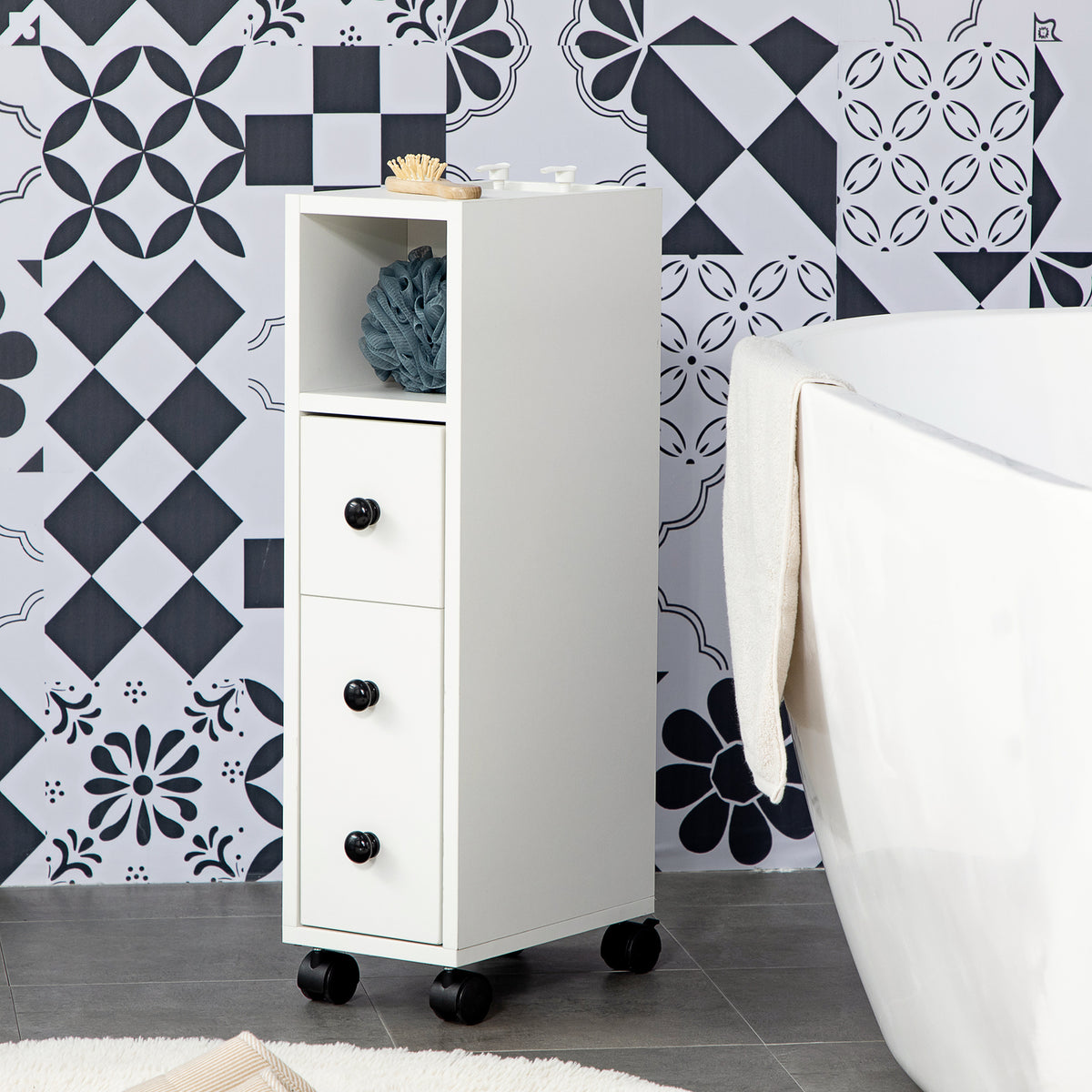 Slim Bathroom Cabinet with Wheels, Narrow Bathroom Storage Cabinet with Door, Drawer and 2 Open Compartments, White