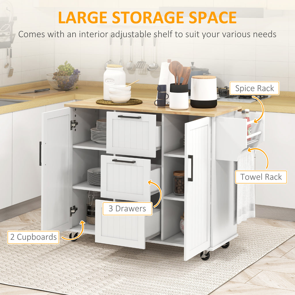 Rolling Kitchen Cart on Wheels with Drop Leaf, Kitchen Island with 3 Drawers, Solid Wood Top and Towel Rack, White