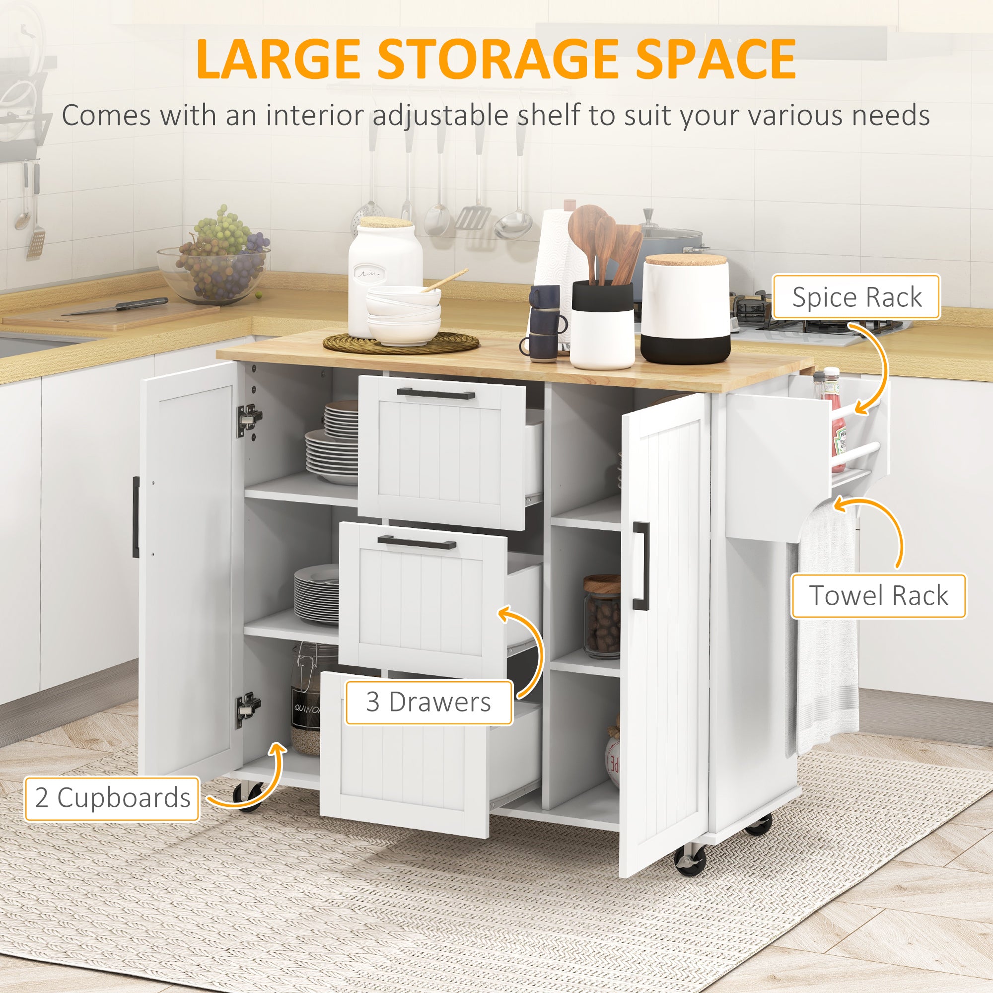 Rolling Kitchen Cart on Wheels with Drop Leaf, Kitchen Island with 3 Drawers, Solid Wood Top and Towel Rack, White