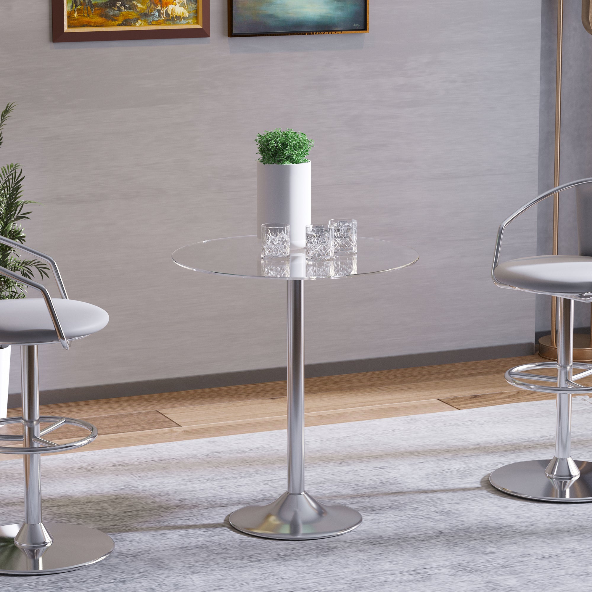 Round Dining Table, Modern Pub Table with Tempered Glass Top, Galvanized Metal Base, Small Dining Table, Silver