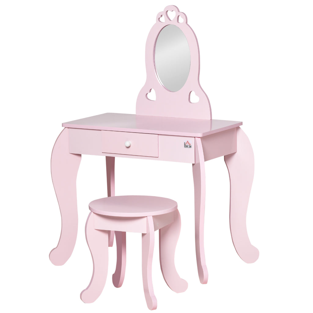 Qaba Kids Vanity Table Set with Mirror and Stool, Drawer, for 3-6 Years, Pink