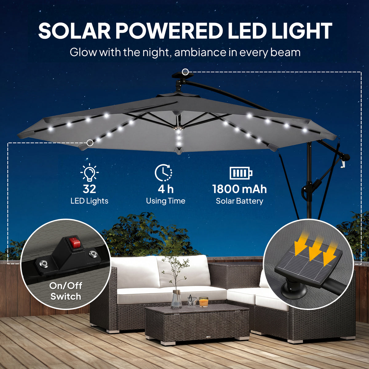9.7ft Solar LED Cantilever Patio Umbrella with 32 LED Lights, Cross Base, Crank Handle, for Poolside, Deck, Dark Grey