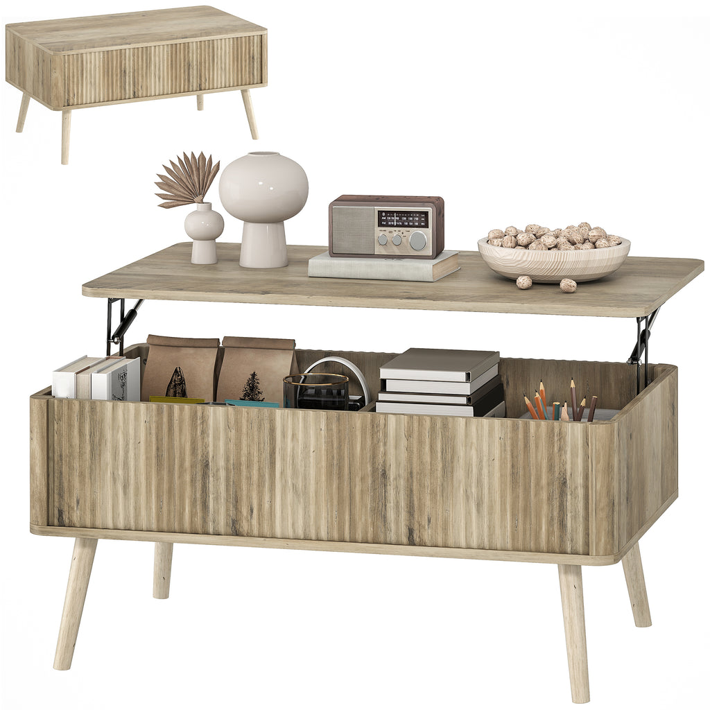 Lift Top Coffee Table with Storage, Center Table with Hidden Compartments and Pine Wood Legs for Living Room, Oak