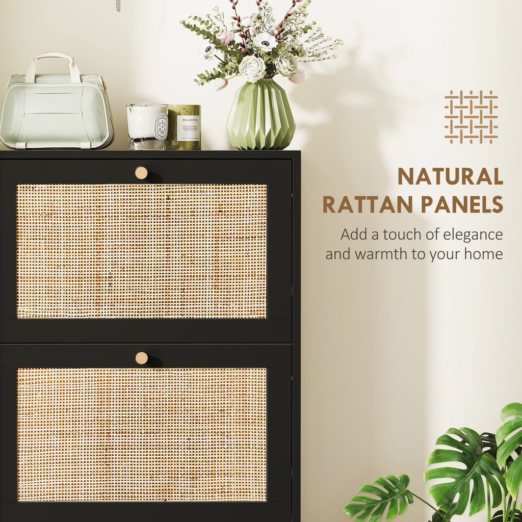 Rattan Shoe Storage Cabinet with 3 Flip Drawers and Adjustable Shelves, Entryway Shoe Cabinet for 18 Pairs, Black