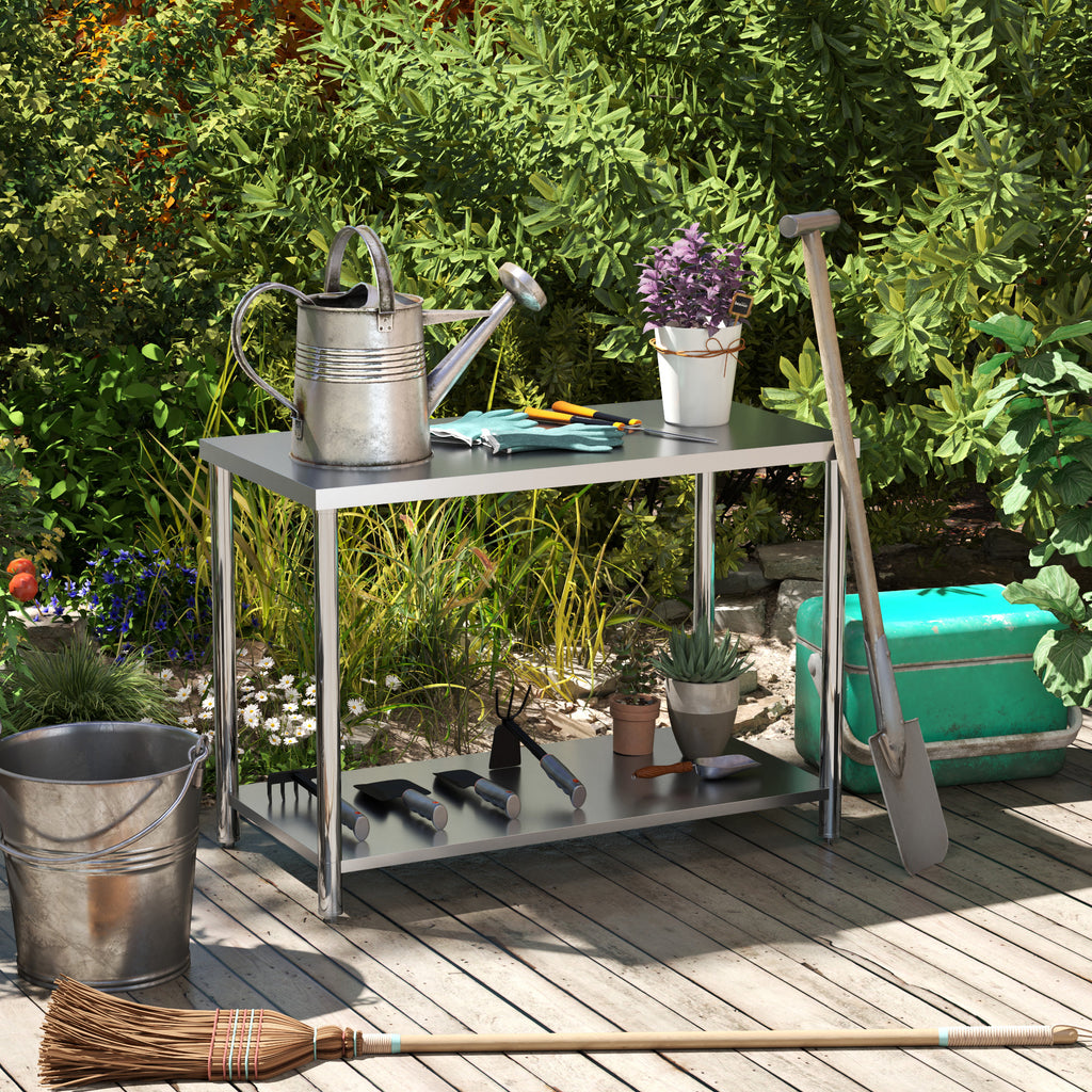ስታይንሌስ ስቲል ስራሕ ጣውላ፡ 35 x 24 x 34 ኢንች፡ ብርቱዕ ስራሕ ዝበሃል ጣውላ ምስ መደርደሪ፡ ንኽሽና ንጋራዥ ዝጠቅም ስራሕ ጣውላ
