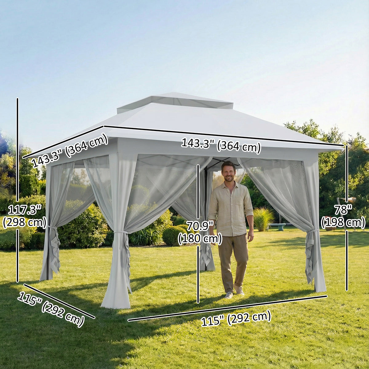 12' x 12' ዝተሰርሐ እተንስእ ፓርቲ ድንኳን ብቕጽበት ዝተሰርሐ ጽላል ጋዜቦ መጠለሊ ምስ ሓጺን ፍሬም፣ ቀሊል ግራጫ