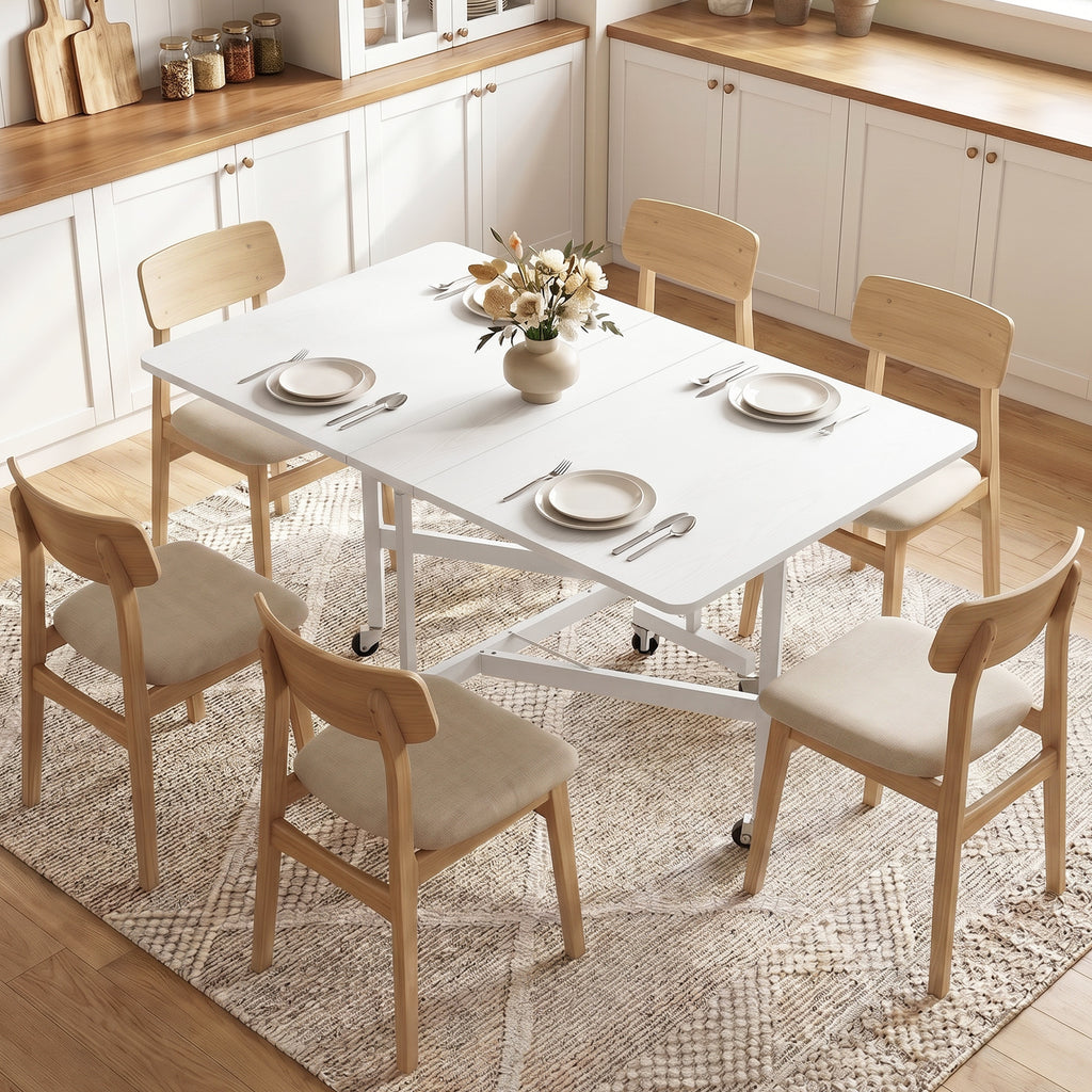 Six-Seater Drop-Leaf Dining Table with Wheels, White
