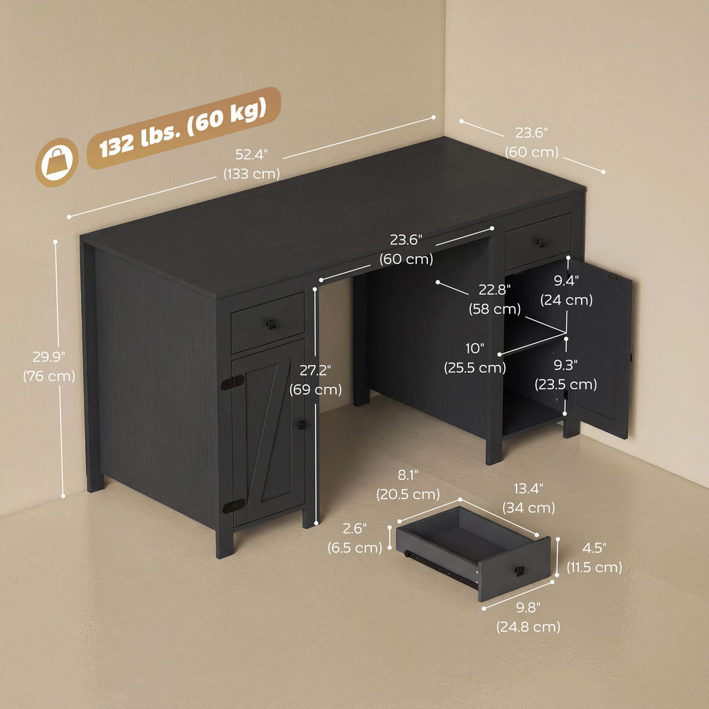 53" Farmhouse Executive Desk, Computer Desk with Drawers and 2 Cabinets, Study Table for Home Office, Black Wood Grain