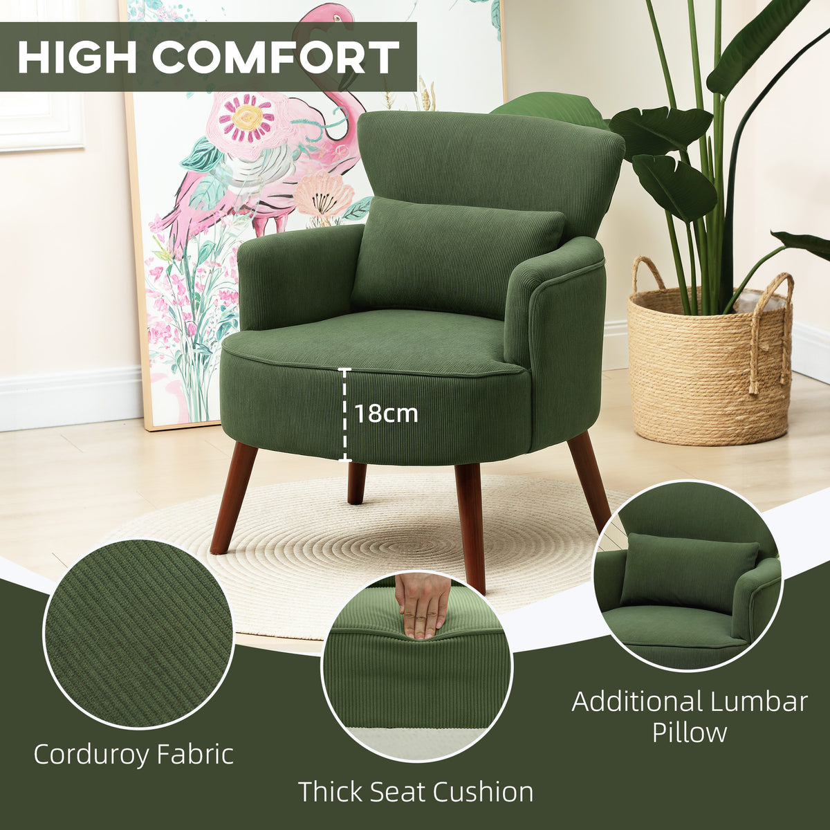 Modern Accent Chair, Upholstered Armchair with Solid Wood Legs and Lumbar Pillow for Living Room, Green