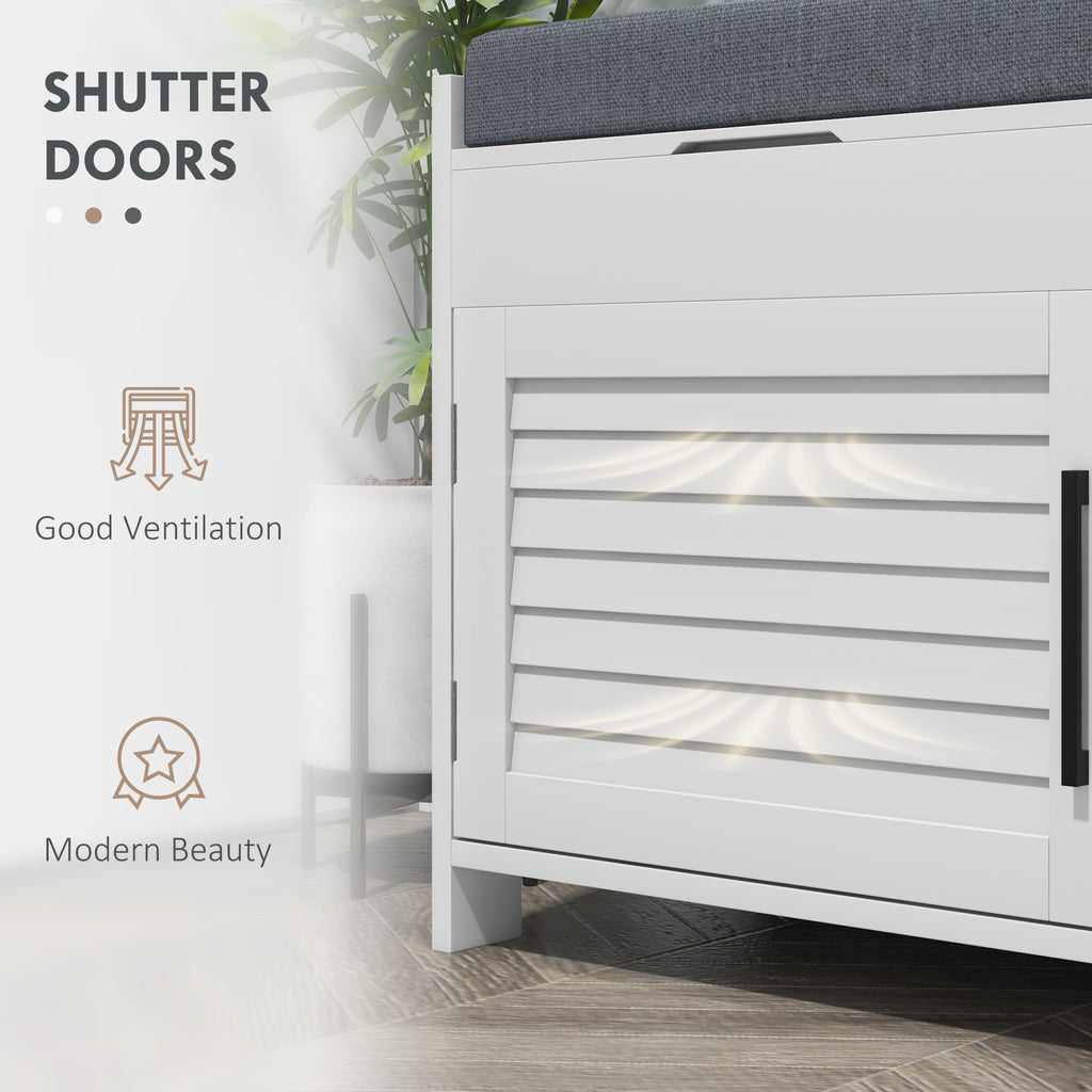 Entryway Bench with Cushion, Hidden Storage, Adjustable Shelves and Shutter Doors, 35.4" Shoe Bench, White
