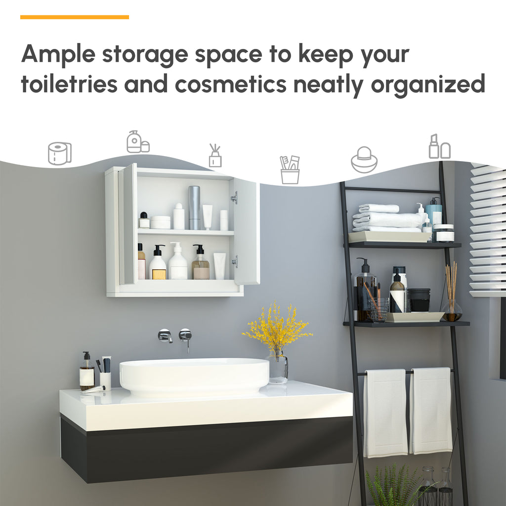Wall Mounted Bathroom Medicine Cabinet Mirrored Cabinet with Hinged Door 2-Tier Storage Shelves White