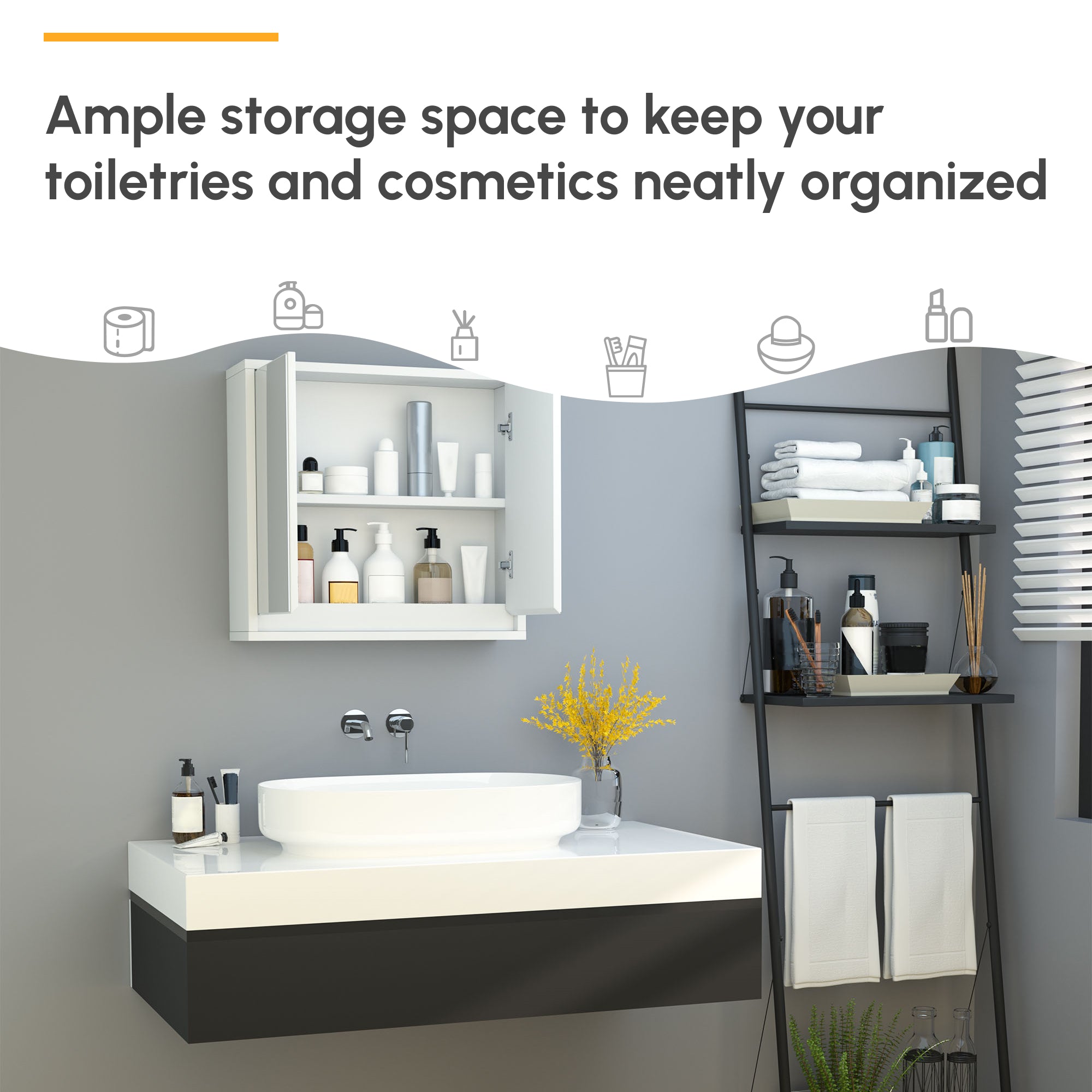 Wall Mounted Bathroom Medicine Cabinet Mirrored Cabinet with Hinged Door 2-Tier Storage Shelves White
