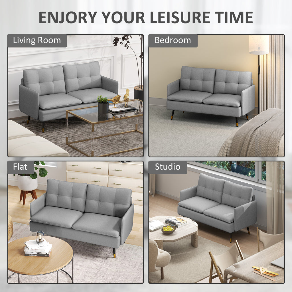 55" Loveseat Sofa, Linen Love Seat w/ S spring, Steel Legs and Button Tufting, Small Couch for Living Room, Grey