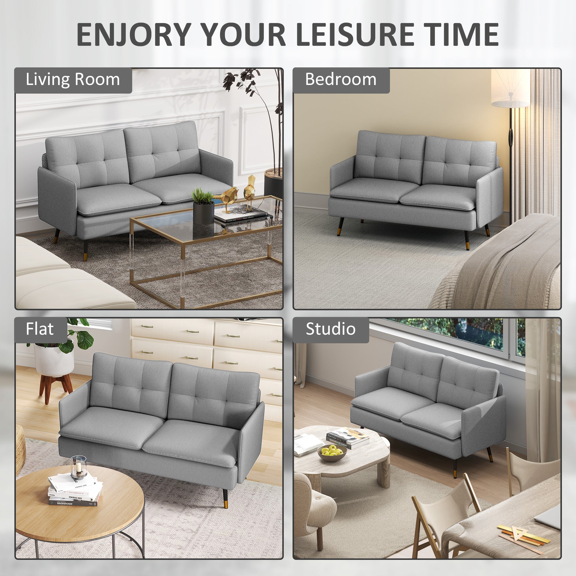 55" Loveseat Sofa, Linen Love Seat w/ S spring, Steel Legs and Button Tufting, Small Couch for Living Room, Grey