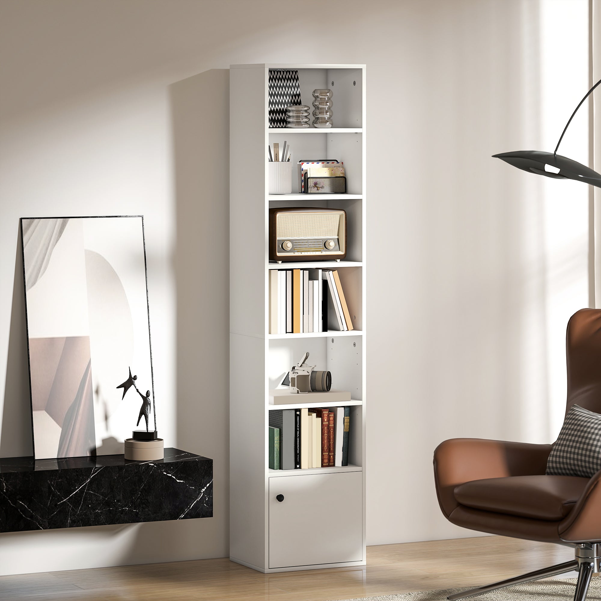 7-Tier Bookcase, Display Shelf Unit with Adjustable Shelf and Cabinet, White