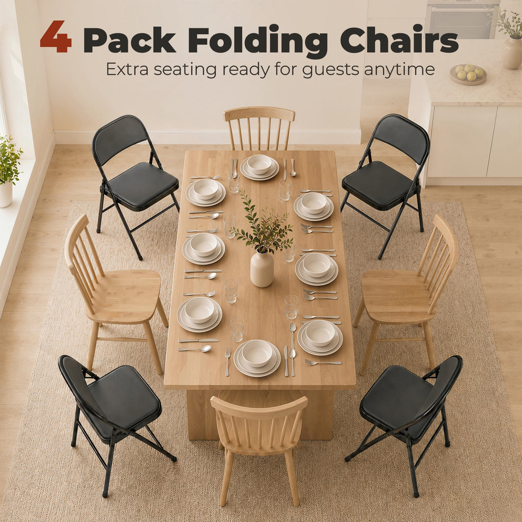 Set of 4 Metal Foldable Chairs, PU Leather Padded Folding Chairs with Cushion Seat and Open Back for Indoor, White