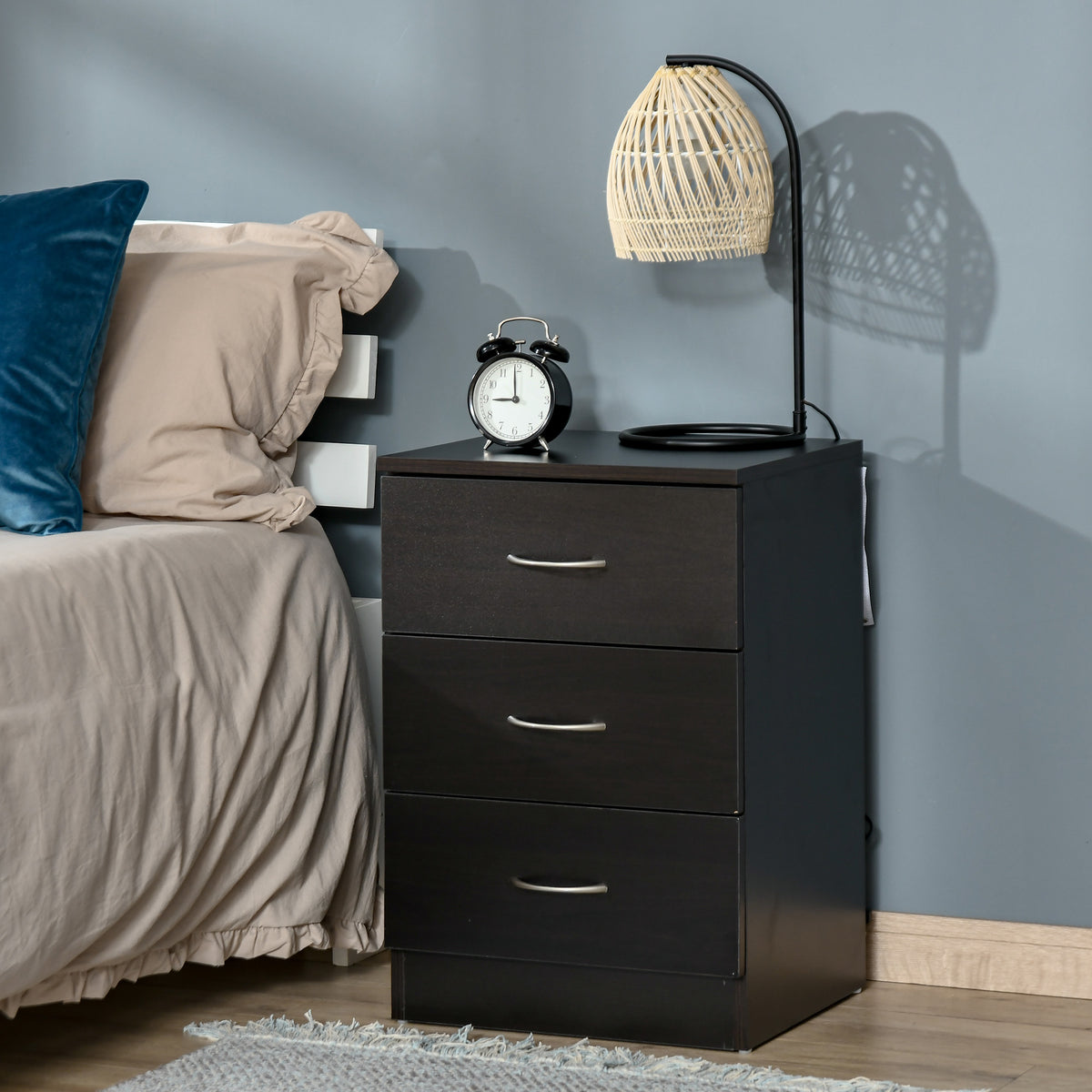 Bedside Table, Modern Night Stand with 3 Drawers and Metal Rail for Bedroom, Dark Brown