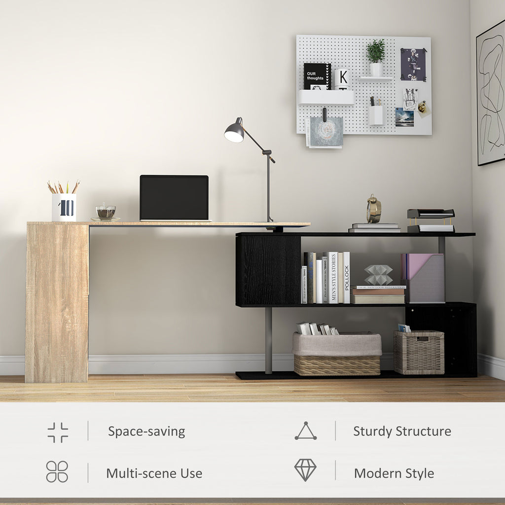 55" Corner Computer Desk, 360° Rotating L-Shaped Desk, Home Office Workstation with 3-Tier Shelves, Bookshelf, White