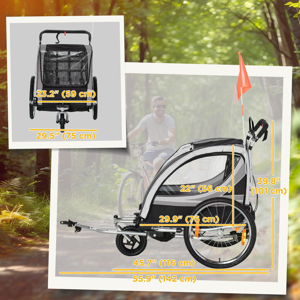 Aosom 2 Seat Bike Trailer for Kids 2-in-1 Baby Stroller with Handbrake, Rubber Wheels, 5 Point Harness, Reflectors, Grey