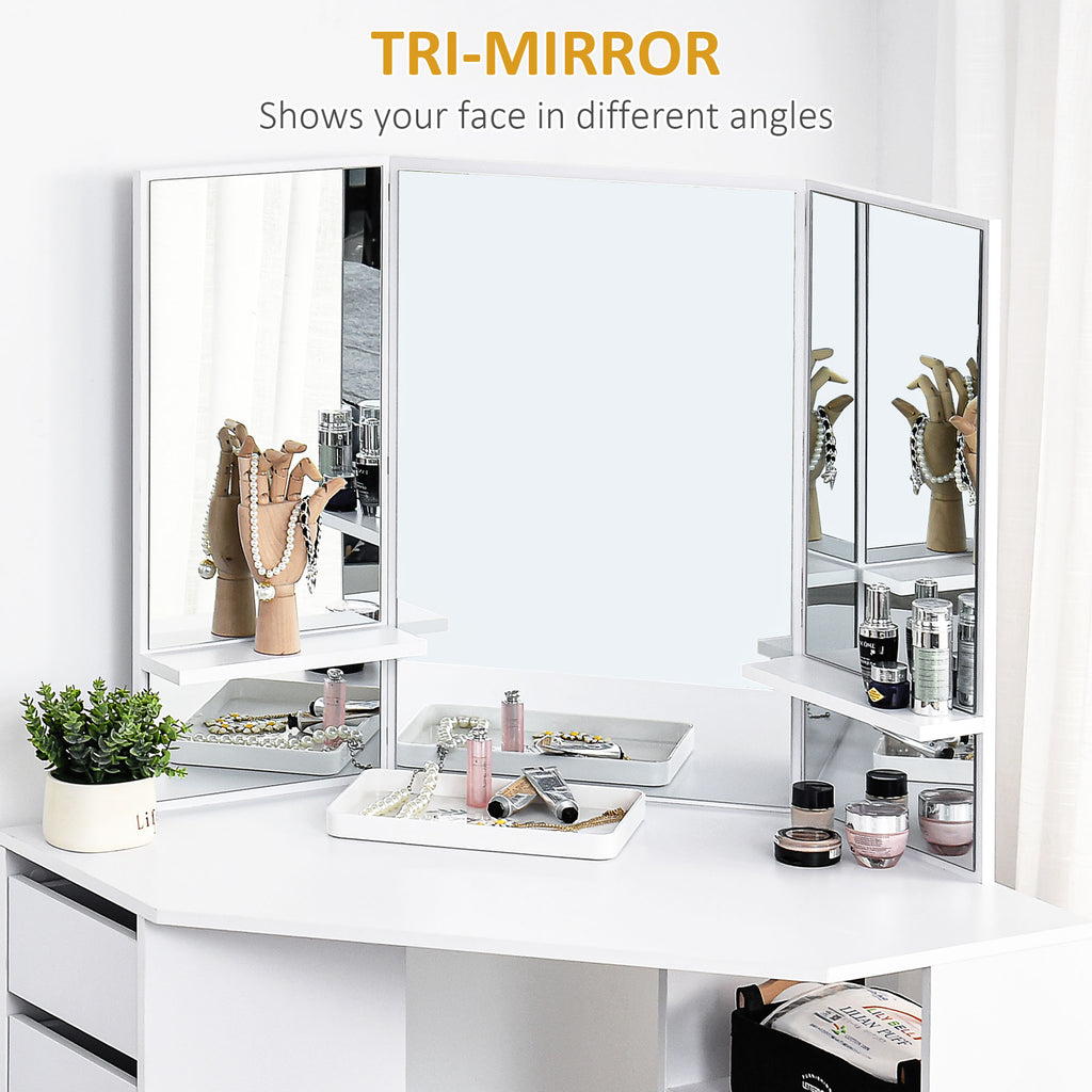 Corner Dressing Table, Makeup Desk with 3-piece Mirror and 5 Drawers, White
