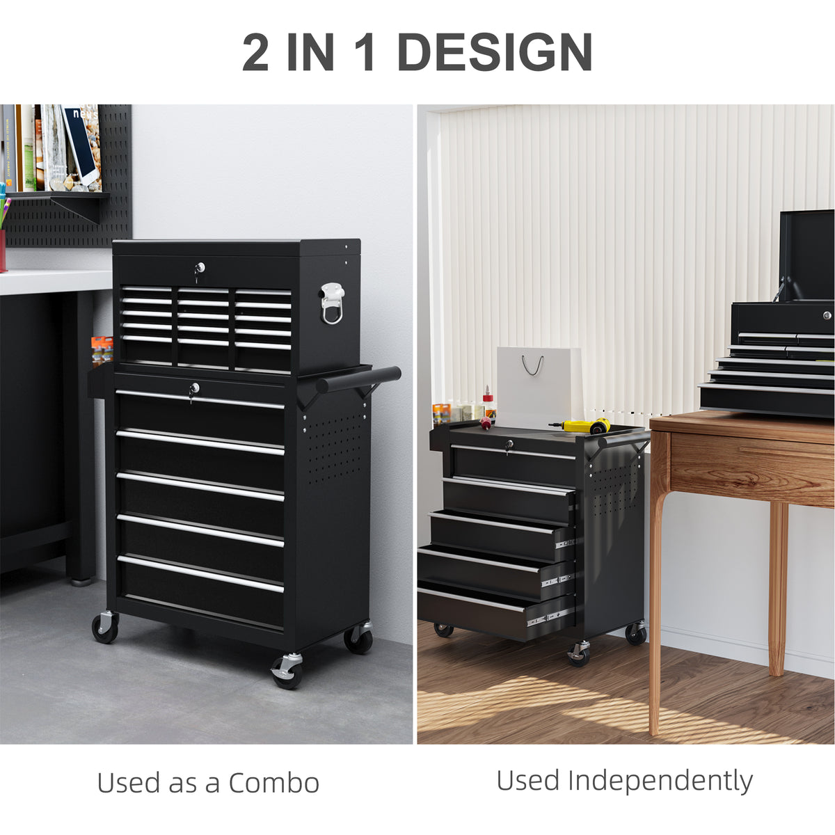14 Drawer Rolling Tool Chest, Lockable Tool Storage Cabinet with Detachable Top Toolbox, Protective Liner, Black