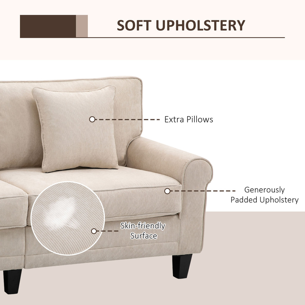 Modern 3 Seater Sofa, Corduroy Fabric 3 Seater Couch with Pine Wood Legs and Rolled Armrests for Living Room, Beige