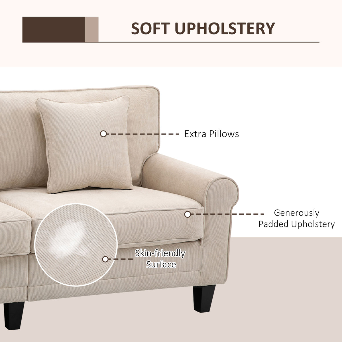 Modern 3 Seater Sofa, Corduroy Fabric 3 Seater Couch with Pine Wood Legs and Rolled Armrests for Living Room, Beige