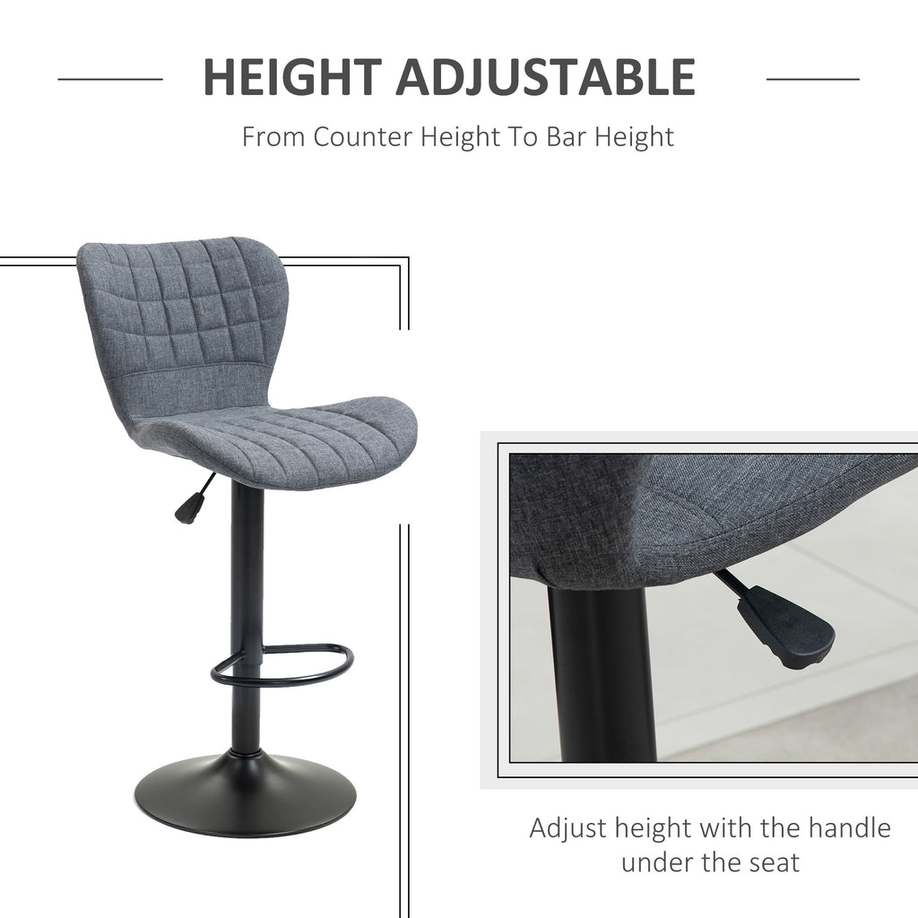 Bar Stools Set of 2, Adjustable Height Swivel Bar Chairs, Linen-feel Fabric Upholstered Kitchen Counter Stools with Wide Seat, Back and Footrest, Grey
