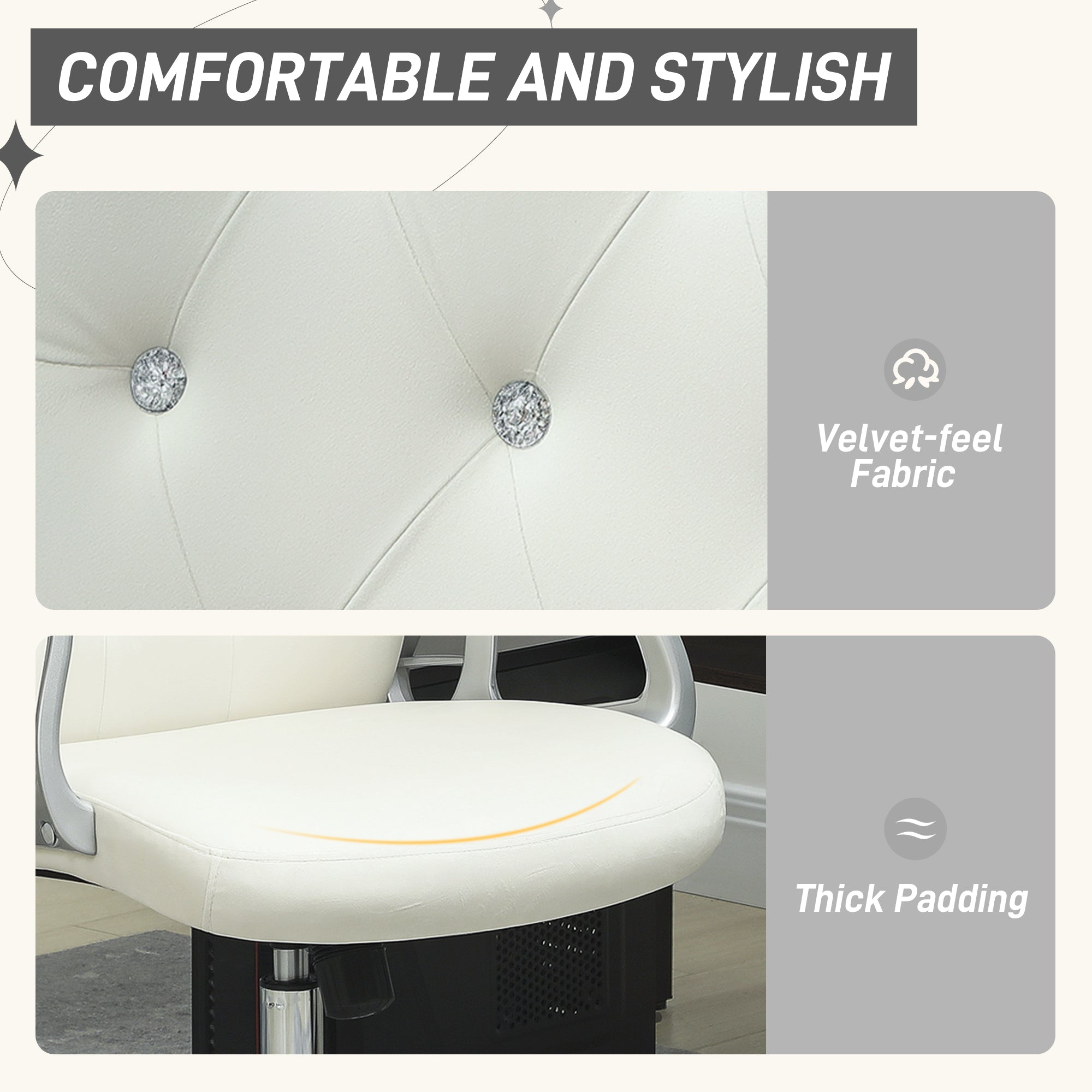 Vanity Office Chair, Velvet Computer Desk Chair with Swivel Wheels, Adjustable Height, Tilt Function, Off-White
