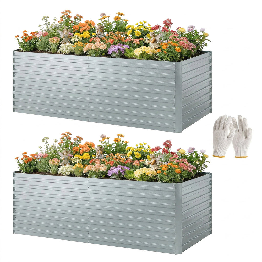 Set of 2 Galvanised Raised Garden Bed, 6 x 3 x 2 ft Metal Garden Bed with Safe Edging, Silver