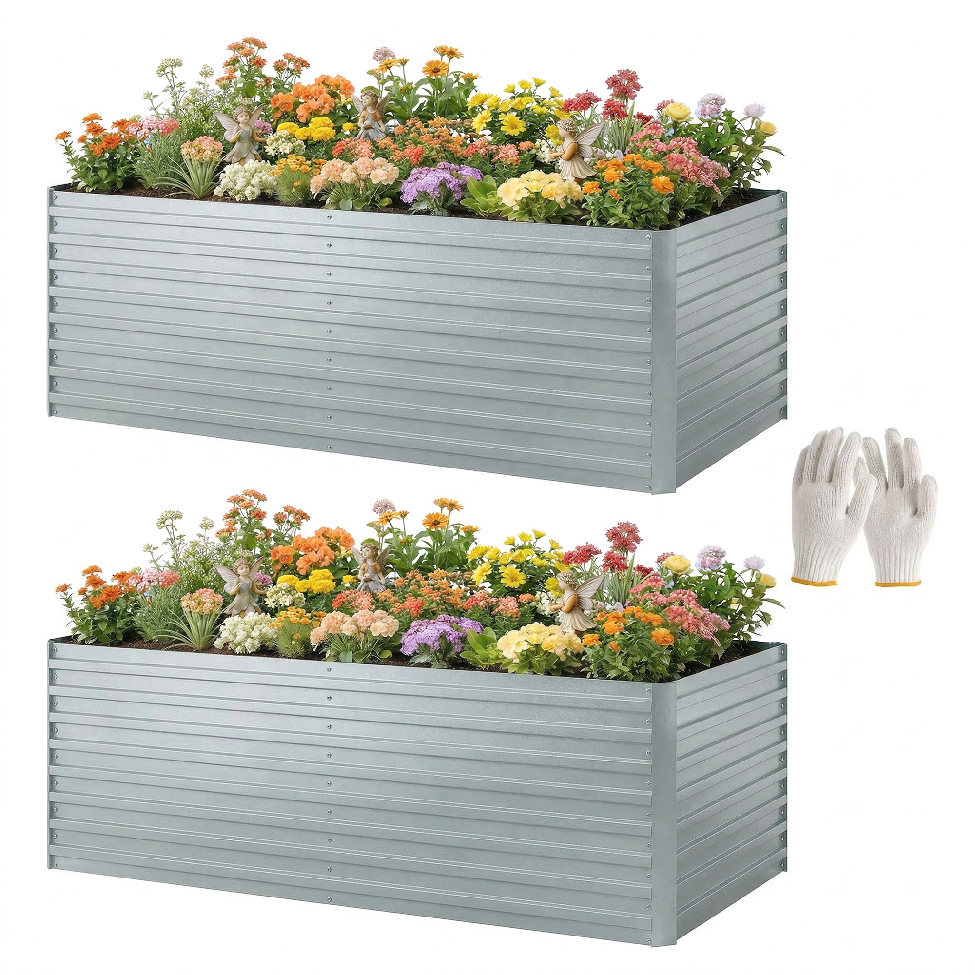 Set of 2 Galvanised Raised Garden Bed, 6 x 3 x 2 ft Metal Garden Bed with Safe Edging, Silver
