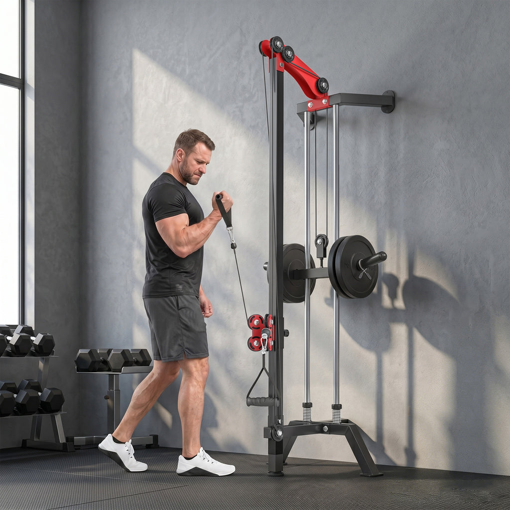 Soozier Wall Mount Cable Station, 16 Positions Adjustable Pulley Machine, Cable Crossover Machine with Handle Bar