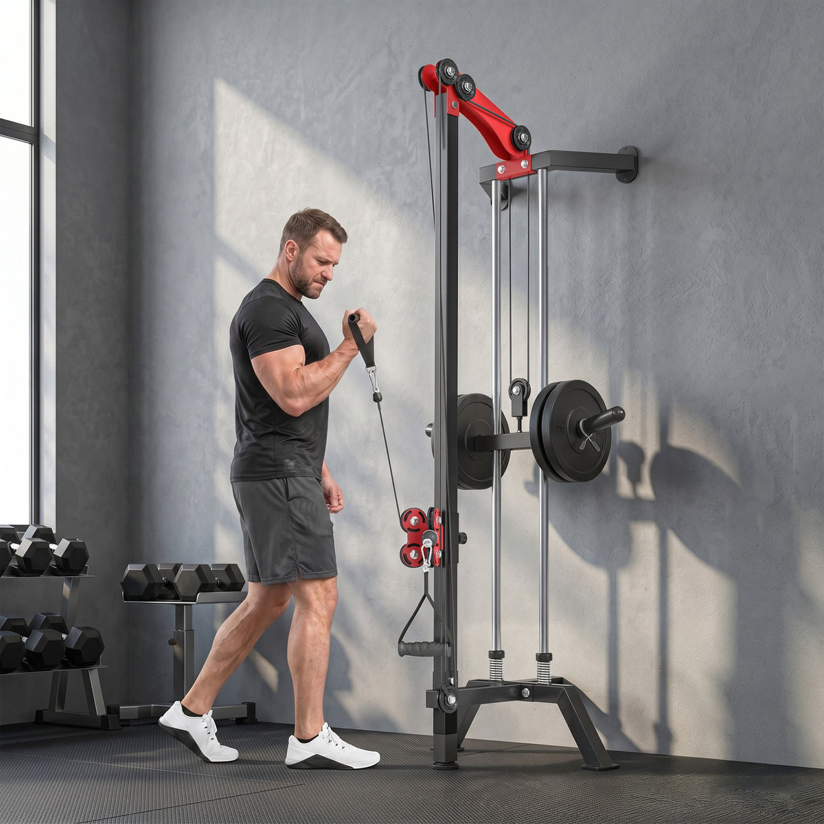 Soozier Wall Mount Cable Station, 16 Positions Adjustable Pulley Machine, Cable Crossover Machine with Handle Bar