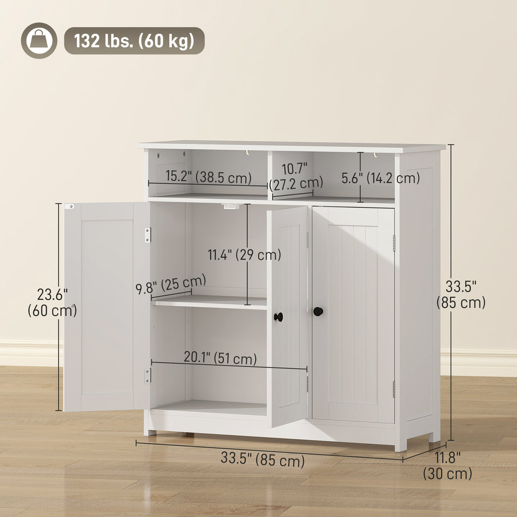Bathroom Floor Cabinet, Freestanding Bathroom Storage Unit with 3 Doors, 2 Open Shelves and Adjustable Shelf, White