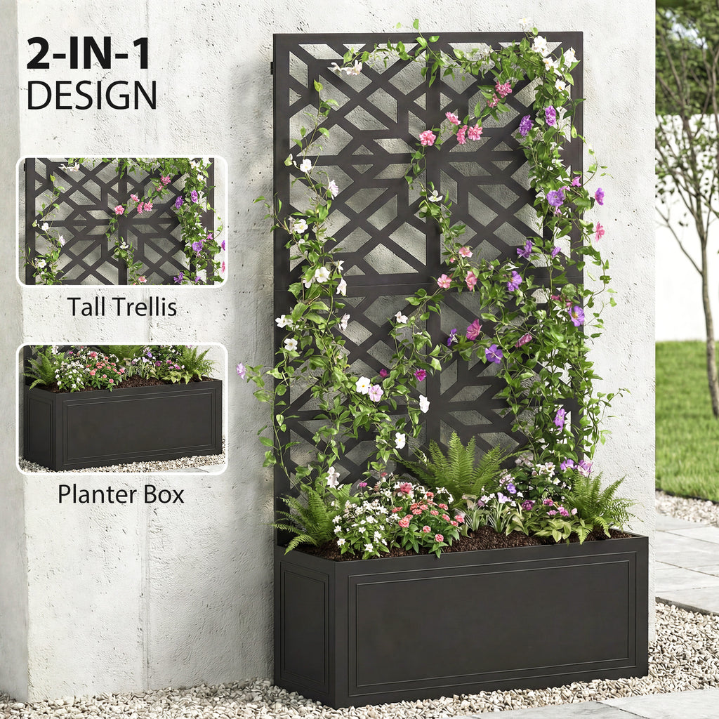 Metal Raised Garden Bed with Trellis for Climbing Plants, Freestanding or Wall Mounted Flower Bed with Privacy Panel