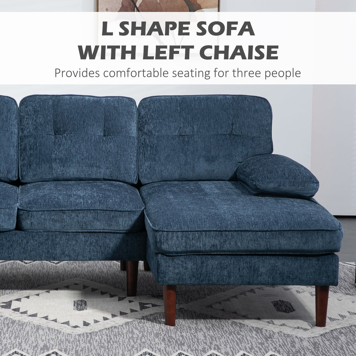Modern Corner Couch with Right Chaise Lounge, Tufted 3-Seater Sofa with Wooden Legs for Living Room, Navy Blue