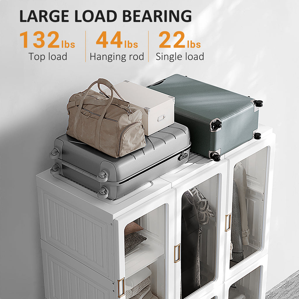 Small Apartment Bedroom Closet Foldable Portable Closet with Cube Storage Hanging Rods Magnet Doors, White