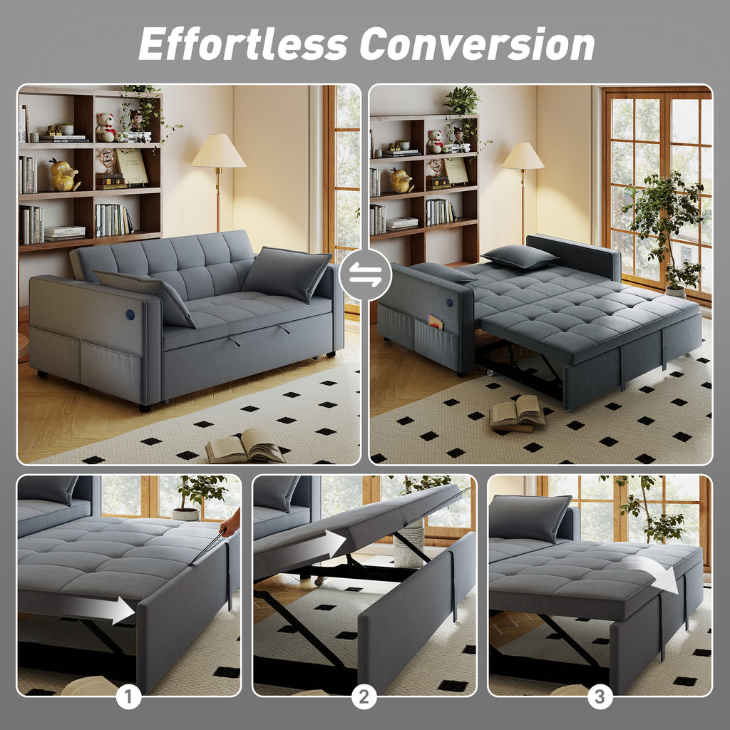 أريكة سرير متحولة 3 في 1، أريكة نوم قابلة للسحب مع شحن USB، مسند ظهر قابل للتعديل، جيوب جانبية، رمادي غامق
