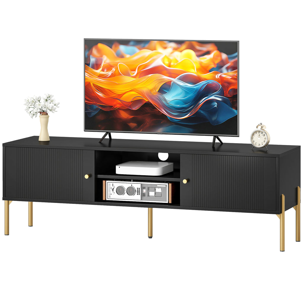 ንቲቪ ስታንድ ንቲቪ ክሳብ 65"፣ መዝናኒ ማእከል ምስ 2 ክፍት መደርደሪታት፣ 2 ካቢኔታትን ሓጺን እግርን ንክፍሊ መነባብሪ፣ ጸሊም