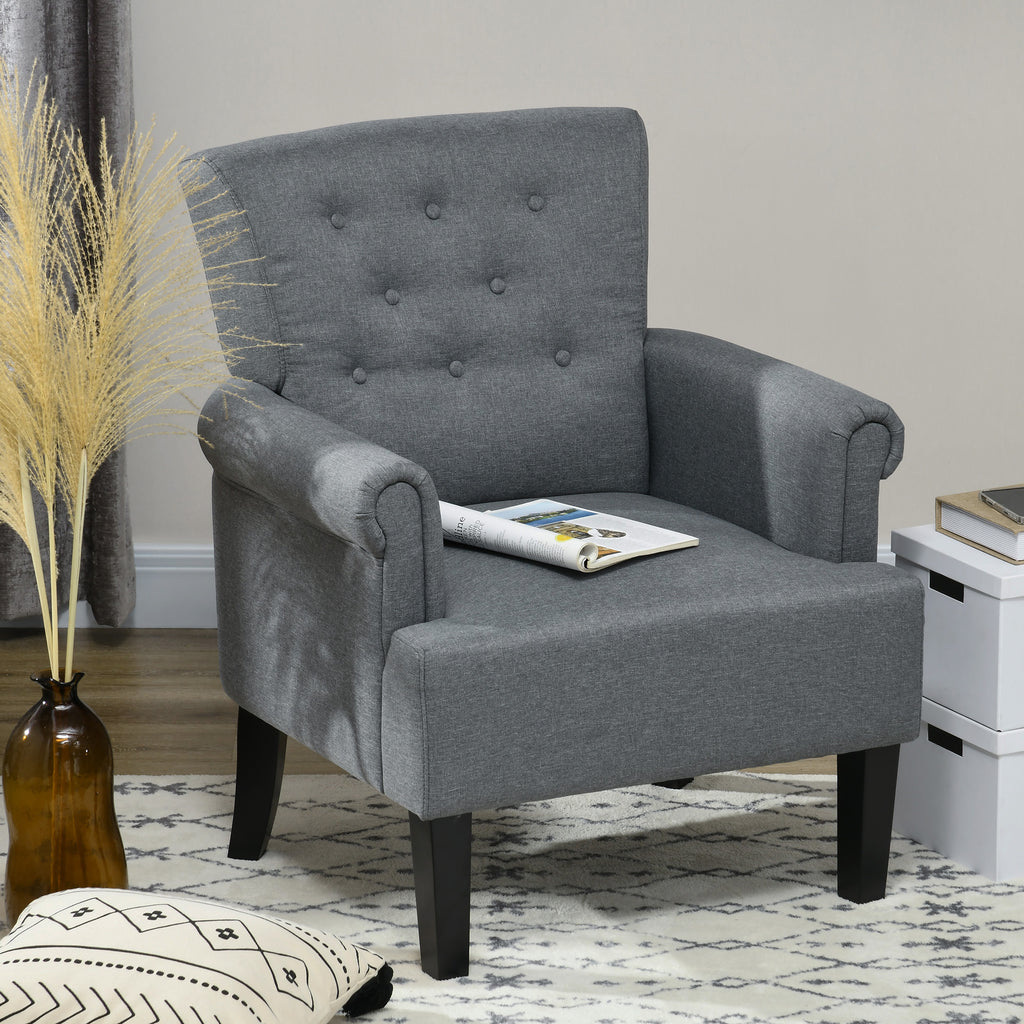 Armchair, Fabric Accent Chair, Modern Living Room Chair with Wood Legs and Rolled Arms for Bedroom, Grey