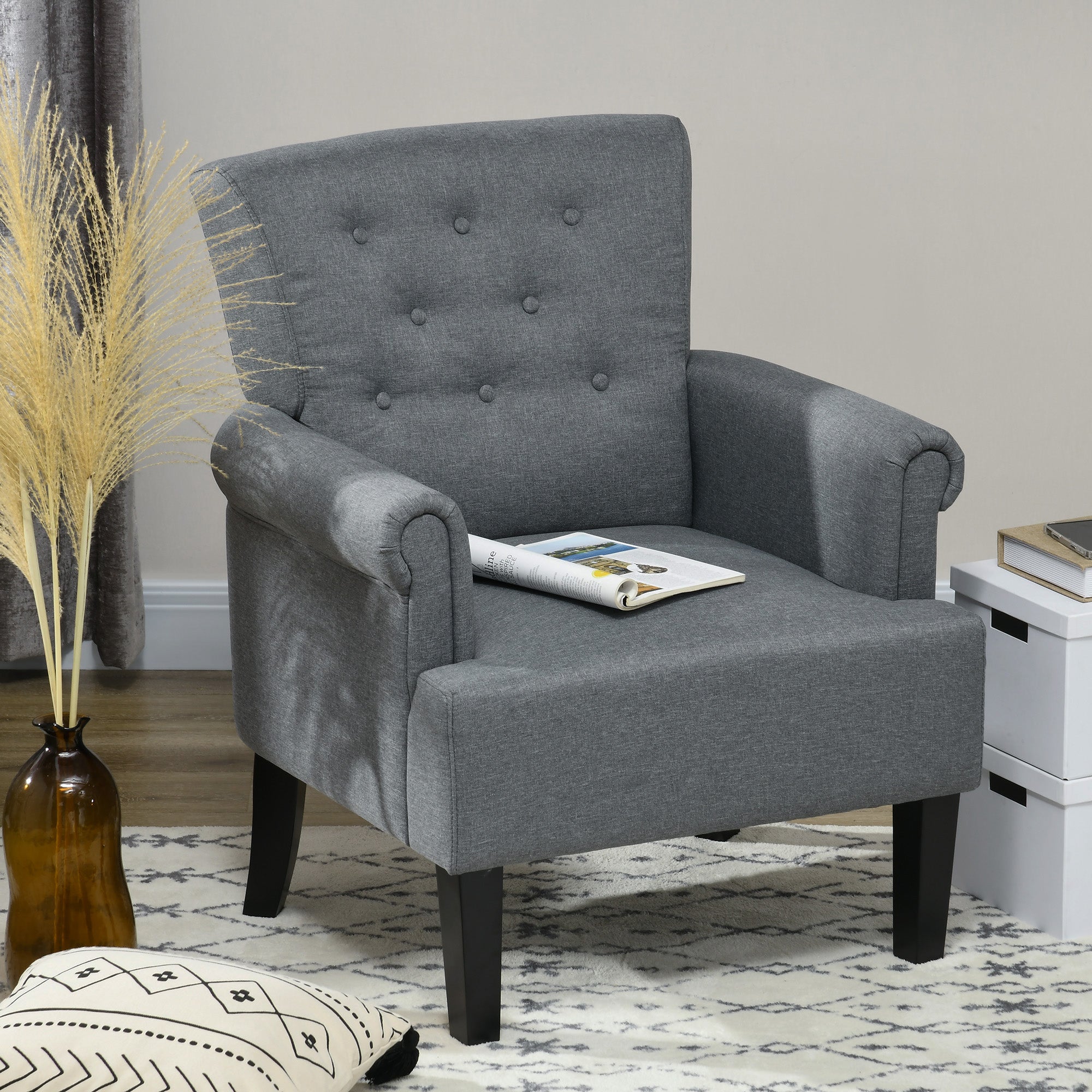 Armchair, Fabric Accent Chair, Modern Living Room Chair with Wood Legs and Rolled Arms for Bedroom, Grey