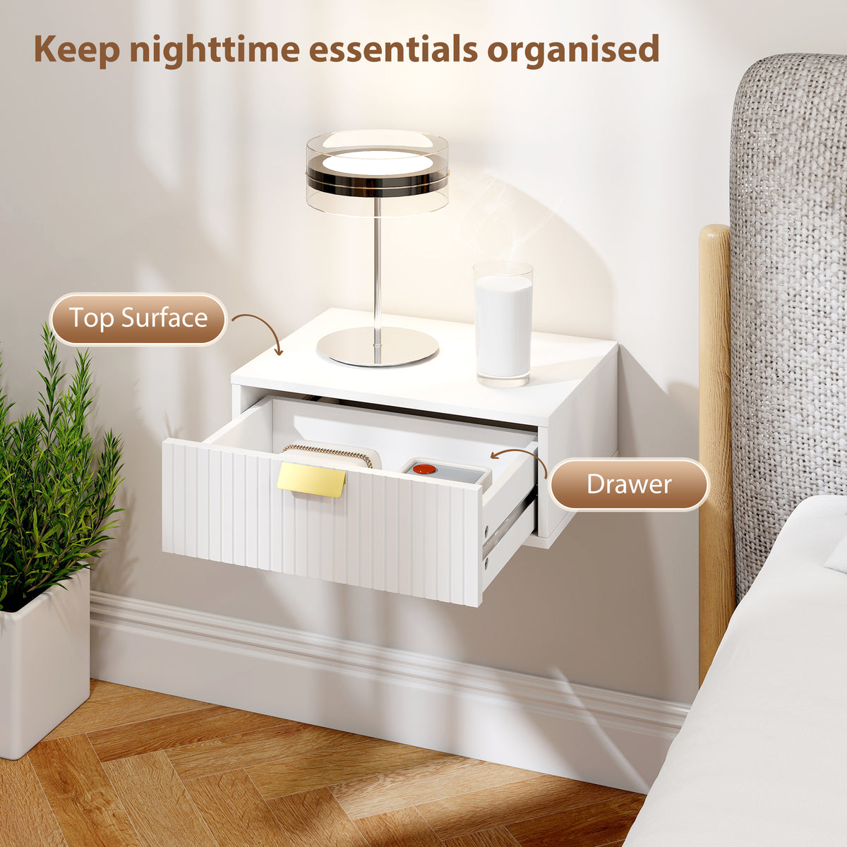 Modern Floating Nightstands Set of 2, Wall Mounted Bedside Tables with Wave Drawer White