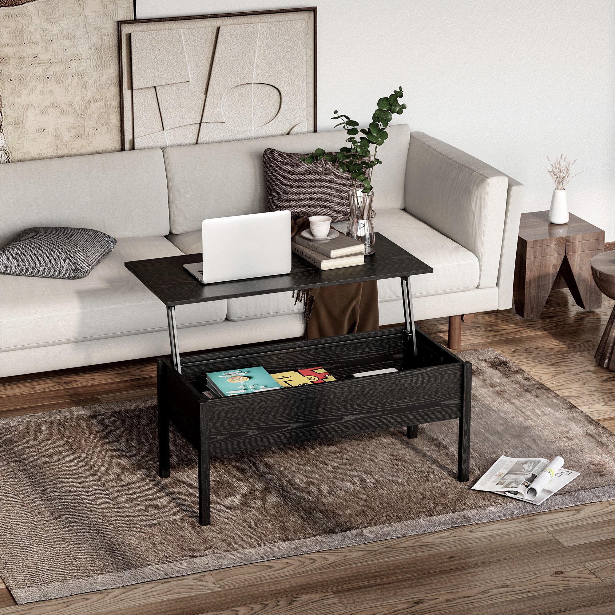 39" Modern Lift Top Coffee Table with Hidden Storage Compartment, Center Table for Living Room, Black