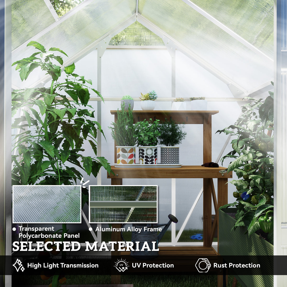 6' x 4' x 6.6' Polycarbonate Greenhouse, Walk-In Green House Kit Garden, Plants Grow, Galvanized Sheet Aluminum Frame with Rain Gutter, Vent and Sliding Door, Silver