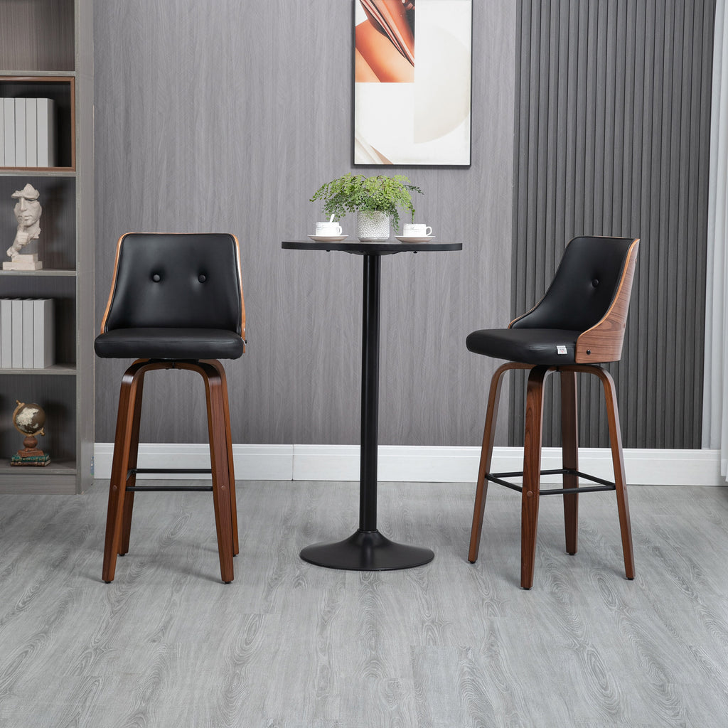 Bar Height Bar Stools Set of 2, PU Leather Upholstered Swivel Barstools with Solid Wood Legs Footrest and Tufted Back, Black