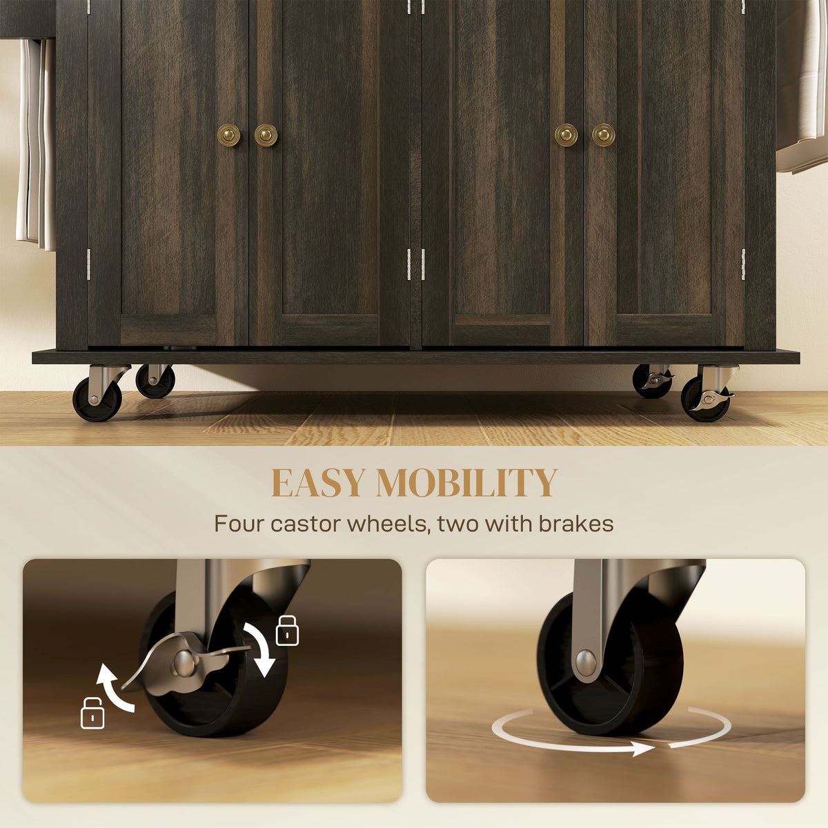 Kitchen Island with Storage, Rolling Trolley Cart with Rubber Wood Top, Spice Rack, Towel Rack, Grey
