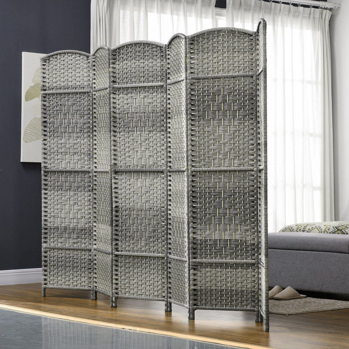 6 Ft Tall Folding Room Divider, 3 Panel Portable Privacy Screen, Hand-Woven Partition Wall Divider, Mixed Grey