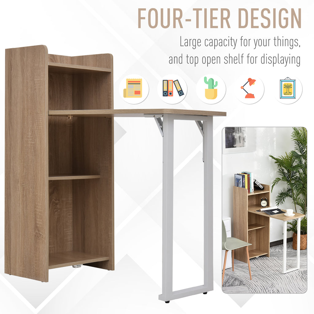 2 In 1 Folding Table, Drop Leaf Table, Space Saving Dining Table with 4-Tier Shelf for Small Spaces, Oak