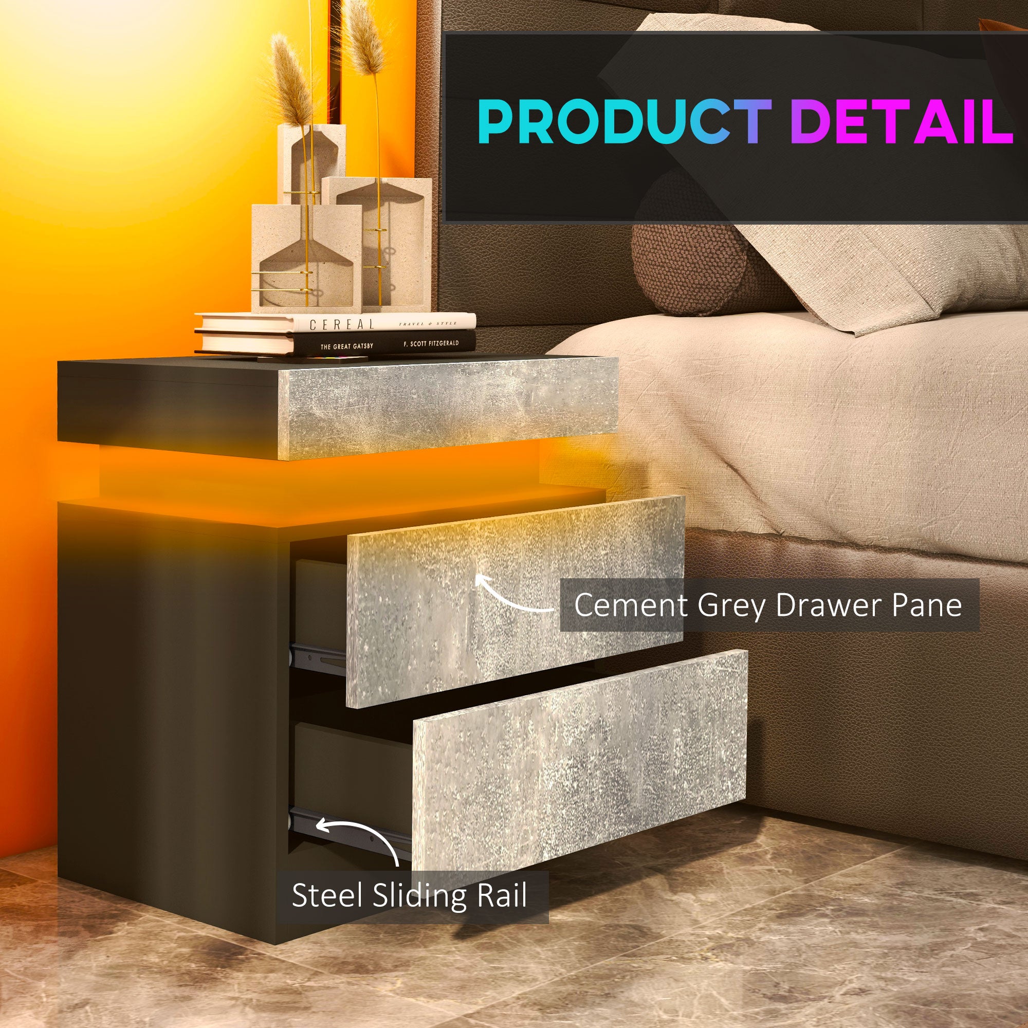 Nightstand, Bedside Table with LED Lights and 2 Drawers for Bedroom, Living Room, Cement Grey